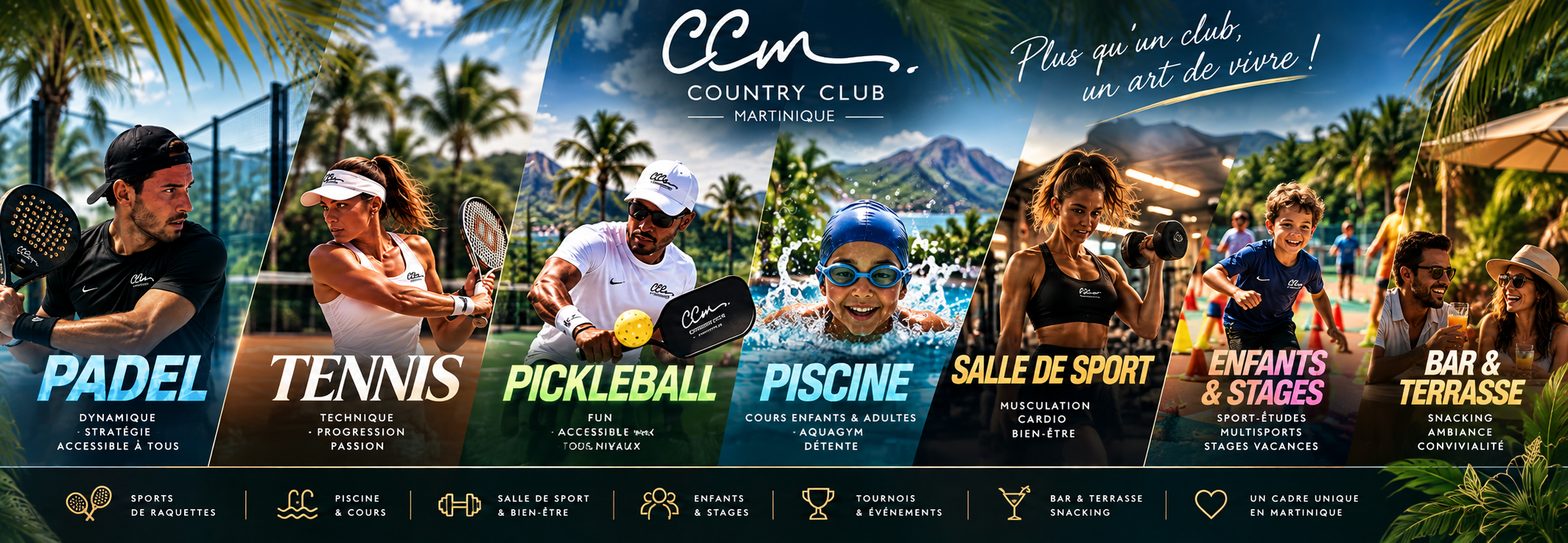 Padel, tennis, pickleball, piscine, salle de sport, enfants et bar terrasse au Country Club Martinique